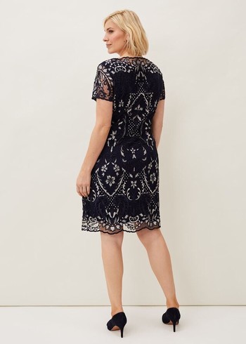 Phase Eight Lizzy Embroidered Dress Navy/White Canada | GPAFHT-352